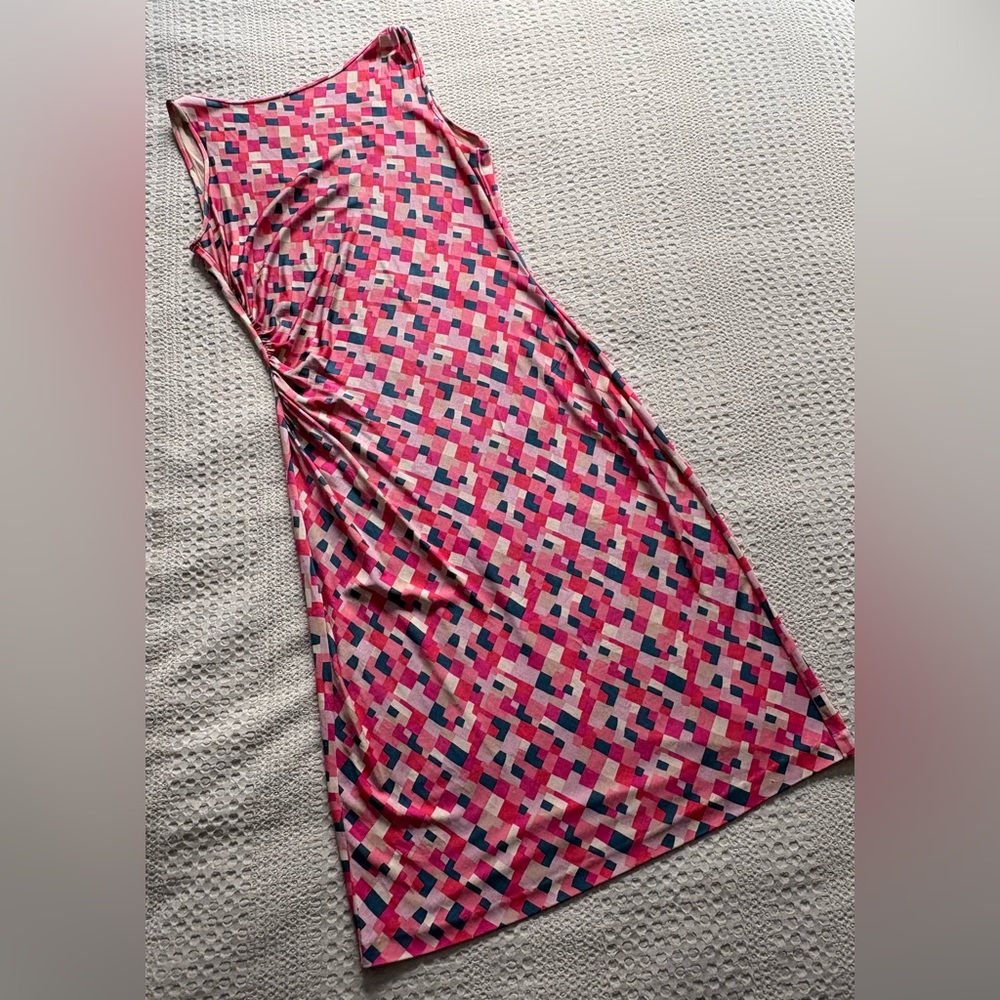 Diane Von Furstenberg Pink, Cream & Navy Geometric 100% Silk Ruched Sheath Dress